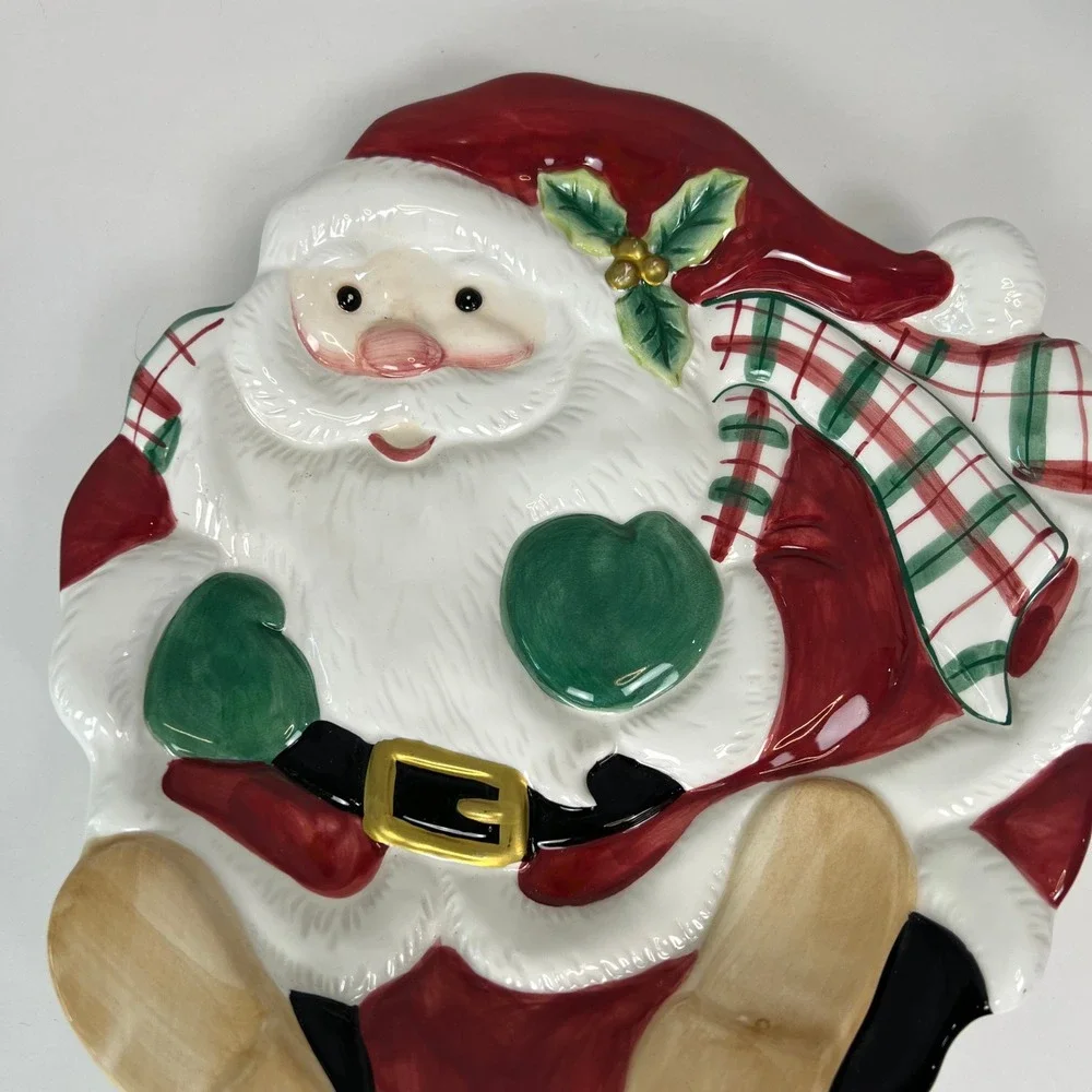 Fritz and Floyd Santa Plate‎ Christmas Holiday Decor Plaid Scarf Ceramic Dish